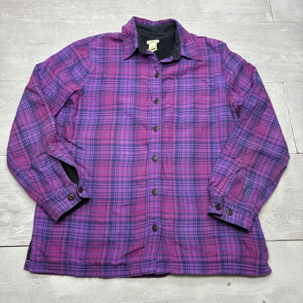 LL Bean Flannel Shirt Jacket Women Small Purple Plaid Fleece Lined 285013